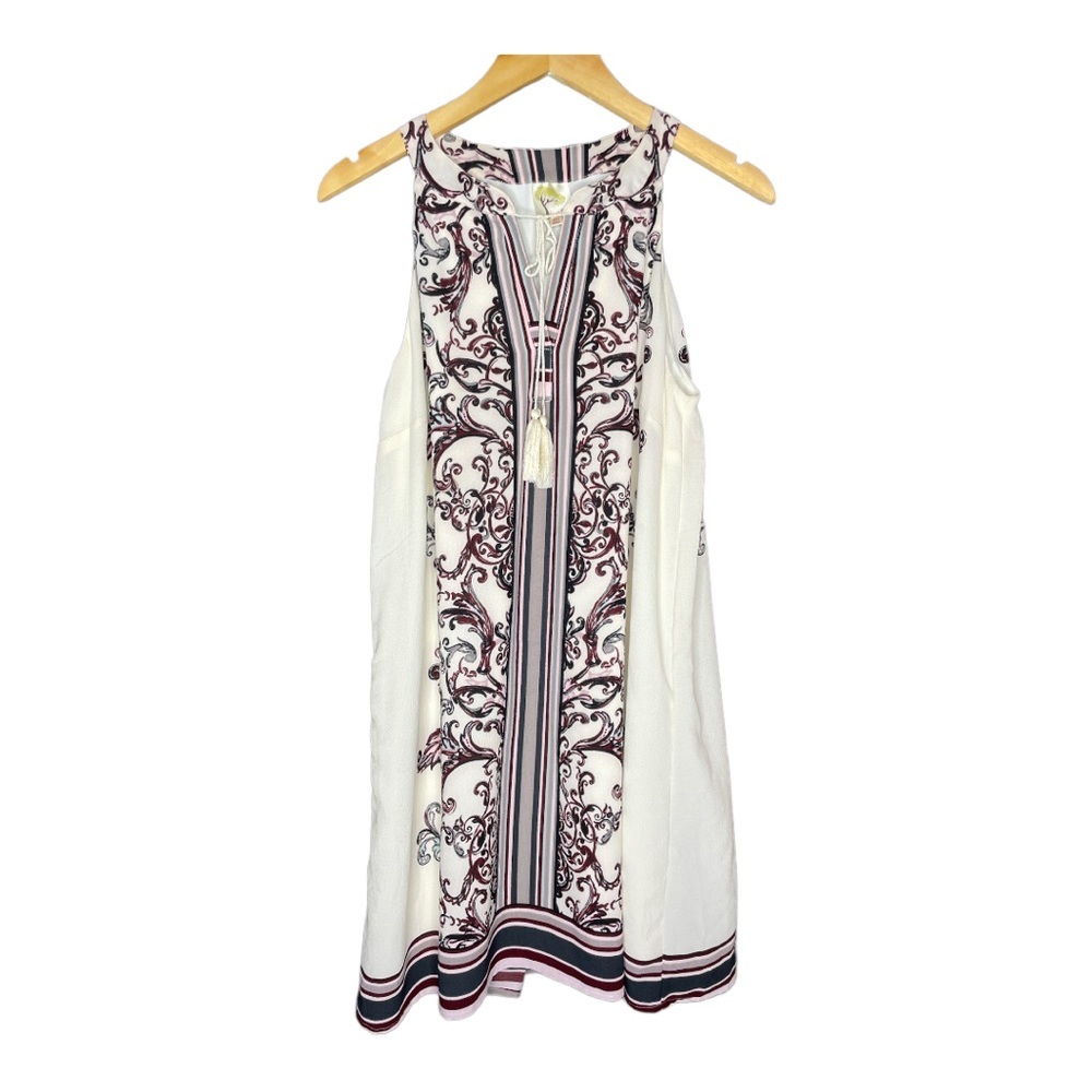 Sleeveless White & Burgundy Patterned Swing Dress